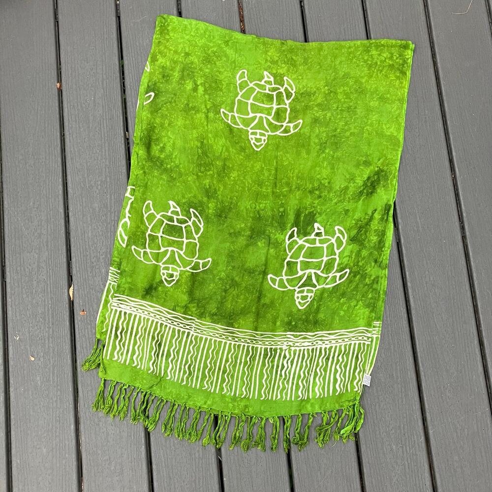 Green turtle rayon scarf shawl with fringe, bohemian hippie nautical coastal